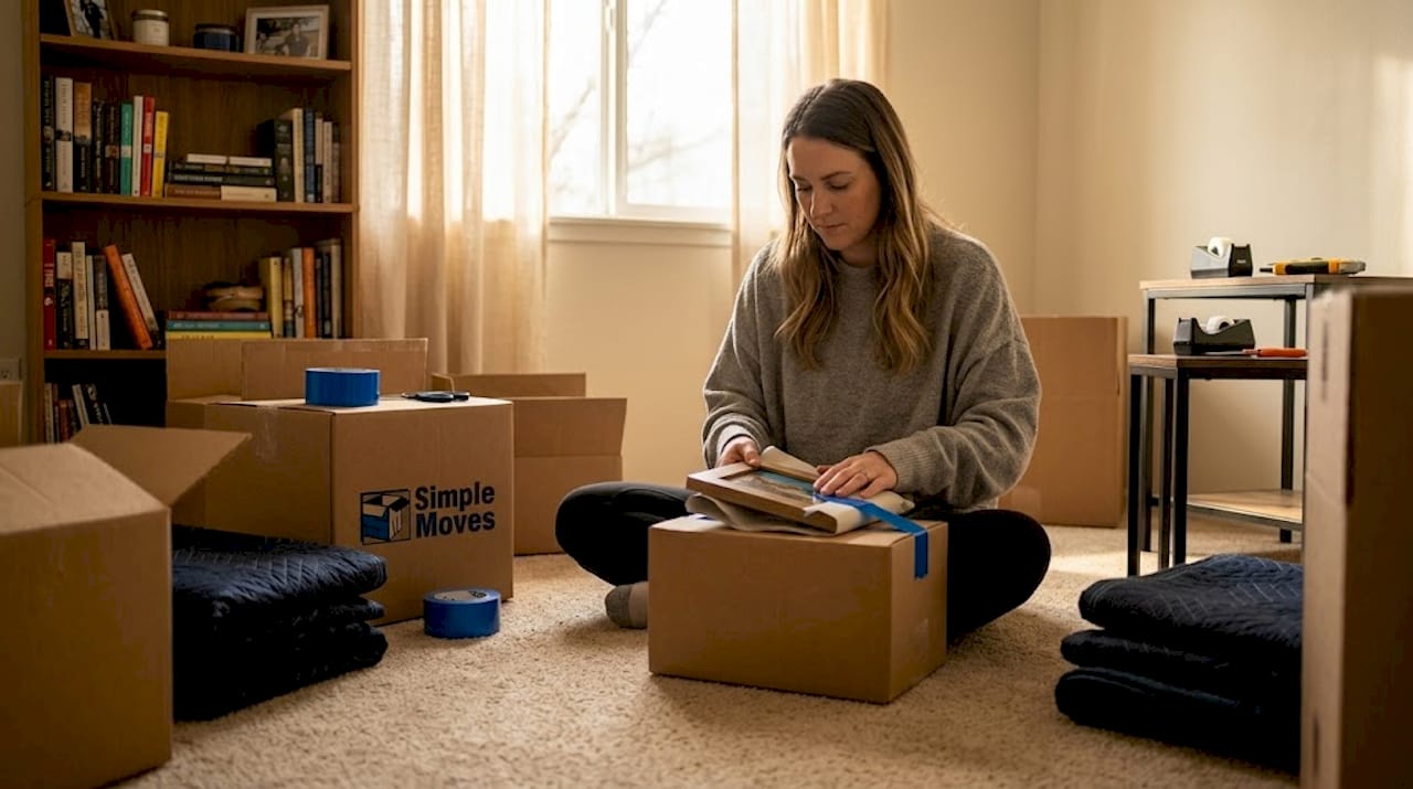 Woman packing boxes in sunlit living room