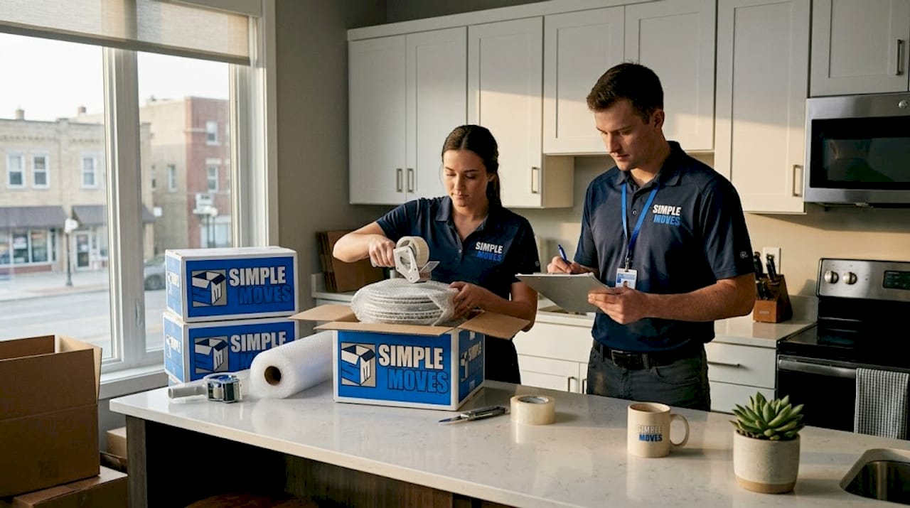 Professional packers label boxes in busy kitchen