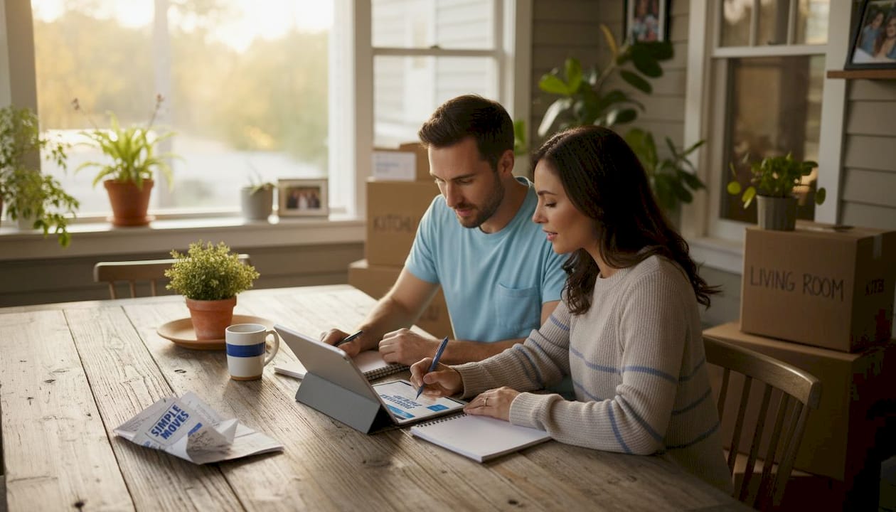 Couple planning move checklist at kitchen table