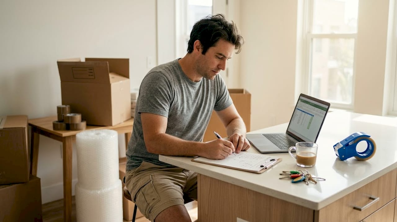 Coordinator preparing moving quote at kitchen table
